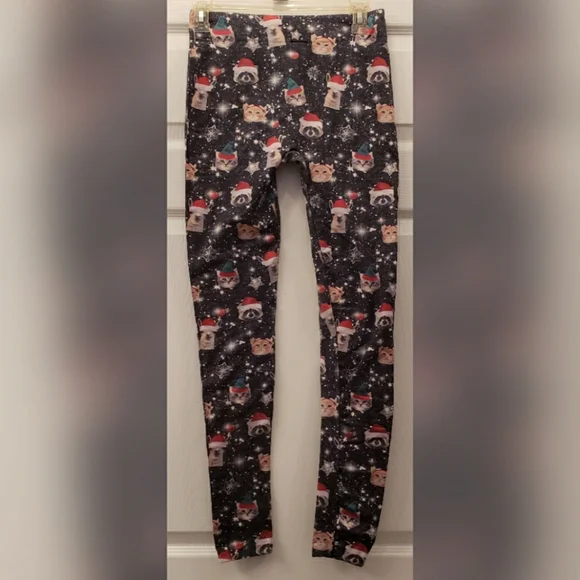Gray Christmas Patterned Animal Santa Print Jersey Leggings Women's Size Small - Picture 3 of 4